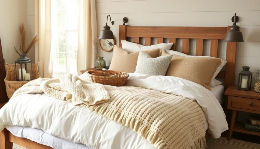 Cozy neutral farmhouse bedroom bedding
