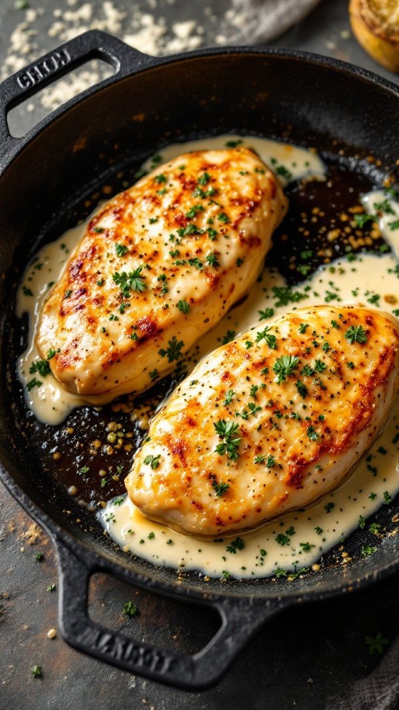 Creamy Garlic Parmesan Chicken served with sauce and garnished with parsley