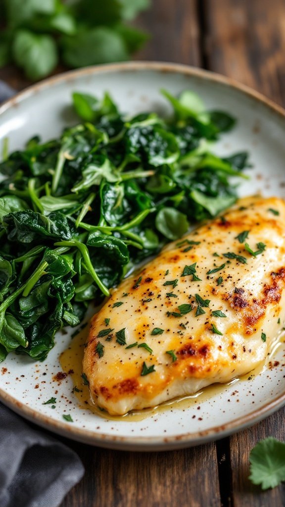 Creamy garlic parmesan chicken served with sautéed spinach on a plate.